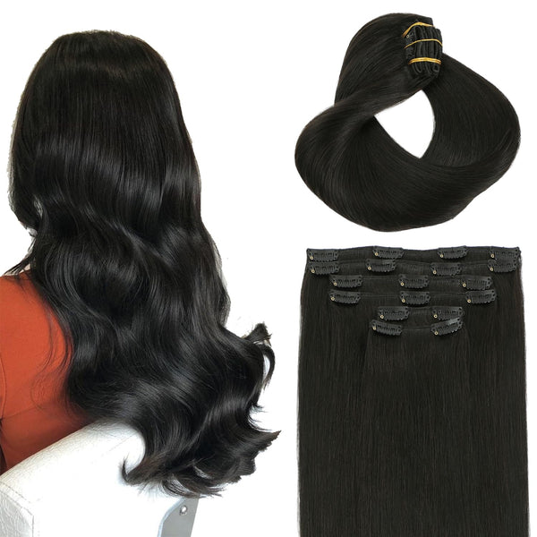 Natural/Off Black (#1B) Full Head Remy Clip in Human Hair Extensions