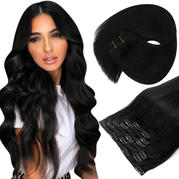 Jet Black (#1) Full Head Clip In Hair Extensions